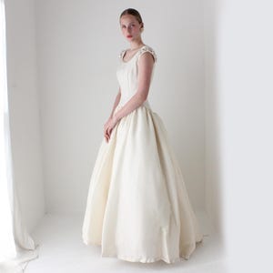 RESERVED - Deposit Paid 1990s Vintage Amsale Bridal Couture Scoop Neck Rosette Shoulder Drop Waist Skirt Layered Tulle Wedding Gown
