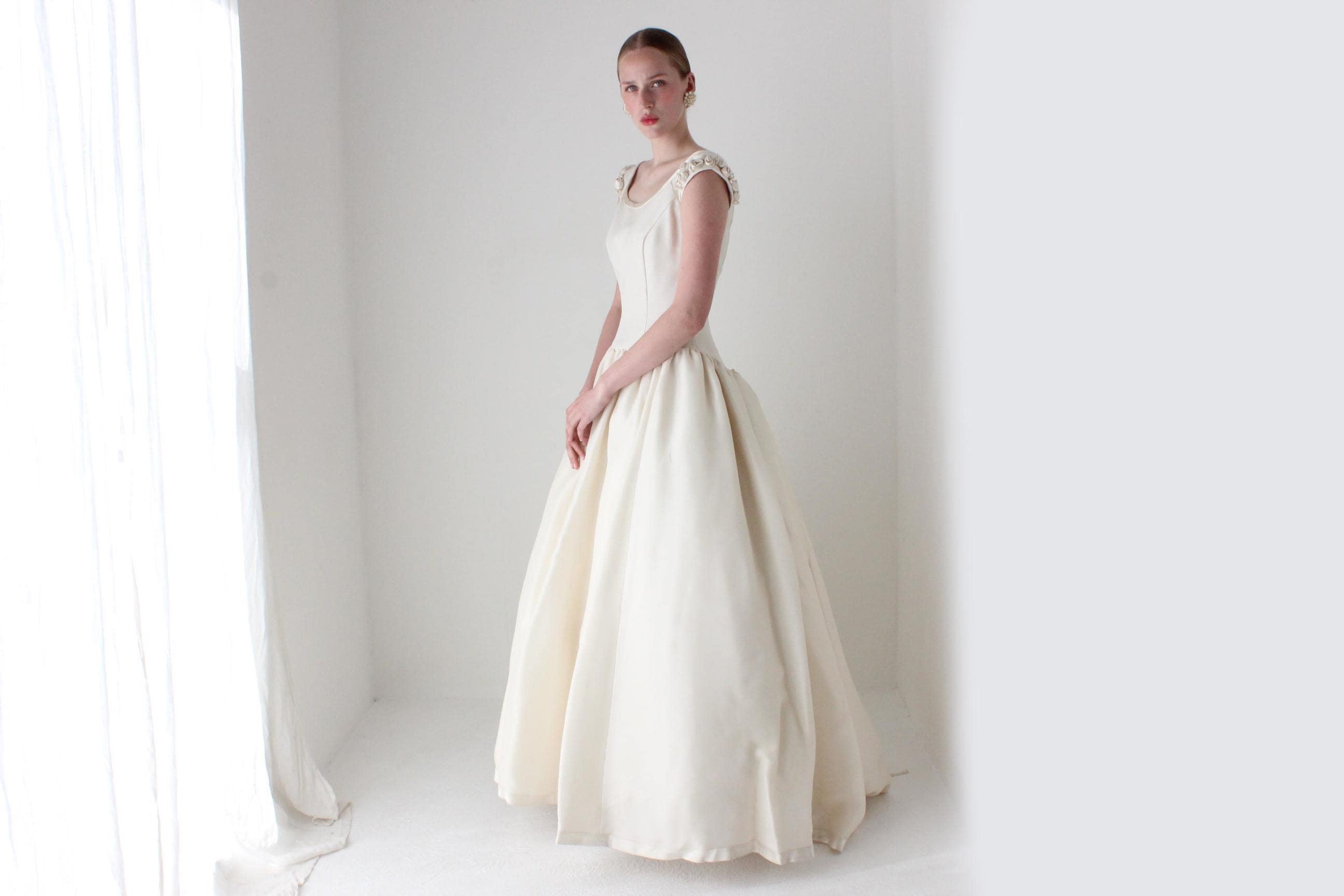 RESERVED - Deposit Paid 1990s Vintage Amsale Bridal Couture Scoop Neck Rosette Shoulder Drop Waist Skirt Layered Tulle Wedding Gown