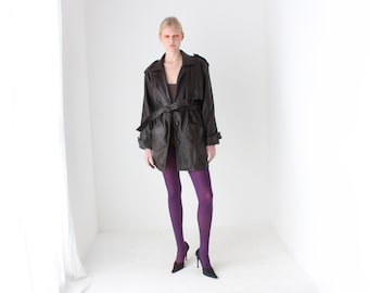 80s Softest Chocolate {Genuine Lambskin Leather} Brown Belted Bold Shoulder Button Up Dramatic Trench Coat