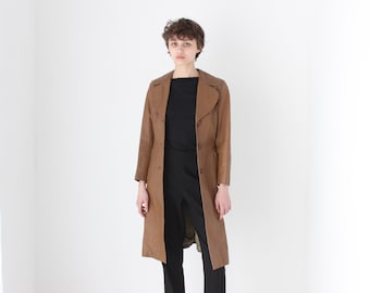 Echt jaren 70 karamelbruin leren lang jack/trenchcoat met knopen