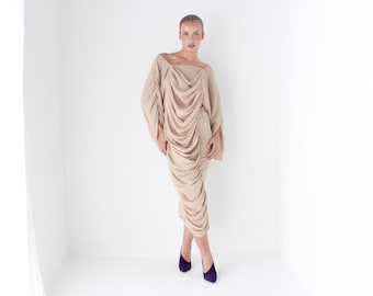 Outrageous 1980s Unusual, Avant Garde Ruched Textured Batwing Silhouette Neutral Beige Cocktail Dress