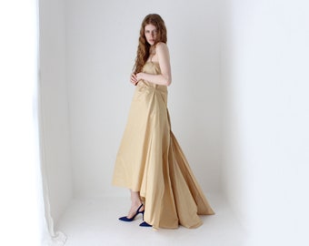 1990s Juan Carlos Pinera Vintage Silk Taffeta Directional, Voluminous, Avant Garde Strapless Neutral Gold Gown