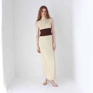 1990s Vintage Melinda Eng Chic Neutral Silk Bateau Neck Column Gown w/ Chocolate Centre