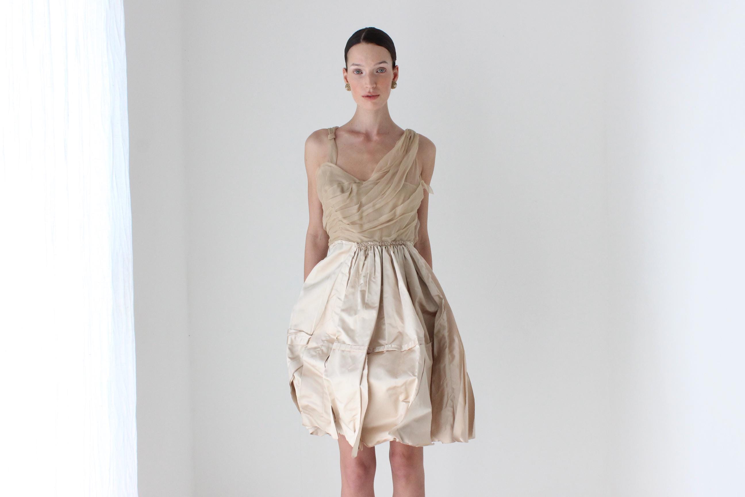 prada cocktail dress Otherworldly PRADA SS 2004 Archival Vintage Neutral Deconstructed Silk  Sculptural Puff Bubble Mini Cocktail Dress
