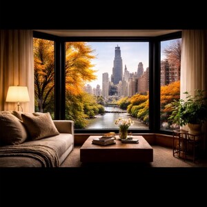 May include: A room with a large window offering a view of a city skyline and a river. The room includes a beige sofa, a wooden coffee table with books and flowers, and a lamp. Autumn leaves surround the view.