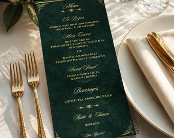 Elegant Reception Template, Wedding Menu Template, Emerald Green Gold Menu, Editable Canva Template, instant download.