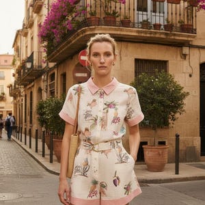 Playsuit met bloemen, zomerromper met riem voor dames, vakantie-outfit met kraag, linnenlook