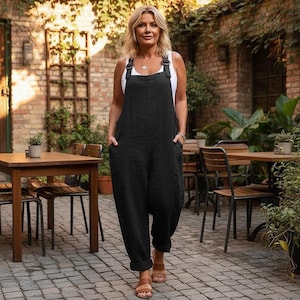 Linnen jumpsuit dames, casual zomerromper, losse tuinbroek met zakken, boho boxpakje, linnen feel outfit