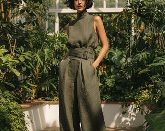 Wide Leg Pants Set, Cotton Linen Sleeveless Top, Summer Two Piece Outfit, High Waist Beachwear