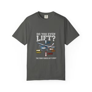 Könnte beinhalten: Dunkelgraues T-Shirt mit dem Text "DO YOU EVEN LIFT?" über einer Flugzeugillustration und den Wörtern "THRUST", "DRAG", "LIFT" und "WEIGHT" mit Pfeilen. Der Text "THE FOUR FORCES OF FLIGHT" steht darunter.