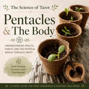 May include: A book cover titled "Pentacles & The Body" with the subtitle "Understanding Health, Habits, and the Physical World Through Tarot." The image features small pots with growing plants and a walnut half.