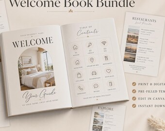 Plantilla de libro de bienvenida de Airbnb, guía para huéspedes editable, manual de casa de alquiler a corto plazo.