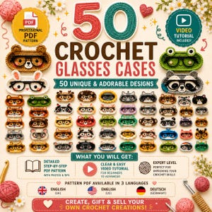 Può includere: Una guida digitale per 50 custodie per occhiali all'uncinetto con vari disegni di animali. L'immagine mostra testo tra cui 50 CROCHET GLASSES CASES, WHAT YOU WILL GET, e dettagli su modelli PDF e tutorial video in inglese e tedesco.