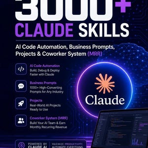 Peut inclure: Visuel promotionnel pour Claude AI, avec le texte "3000+ CLAUDE SKILLS". L'image met en avant l'automatisation du code IA, les invites commerciales, les projets et un système de collègues. Un ordinateur portable affiche du code, avec le logo Claude.