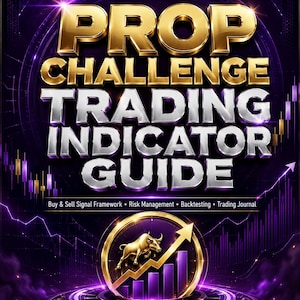 May include: A digital workbook titled LEARNPROFITAI PREMIUM DIGITAL WORKBOOK PROP CHALLENGE TRADING INDICATOR GUIDE. The cover features gold and silver 3D text, a gold bull icon, an upward arrow, and purple financial candlestick charts.