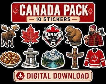Paquete de pegatinas de Canadá para el Mundial 2026 - 10 diseños digitales - Hoja de arce, alce, castor - Paquete PNG de fútbol - Descarga instantánea