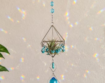 Soporte para plantas de aire de cristal turquesa / Maceta colgante para tillandsias / Atrapasueños de cristal / Colgador geométrico para plantas de aire / Regalo para amantes de las plantas