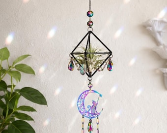 Mond Katze Luftpflanzenhalter Sonnenfänger, Gothic hängende Luftpflanzendekoration, schwarze Kristallpflanze, Fensterbehang, Regenbogen-Maker-Dekor