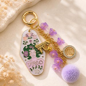 Llavero del signo zodiacal Virgo, dije floral, accesorio para bolso de astrología, detalle de pompón lavanda