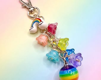 Handcrafted Rainbow Beaded Keychain, Pastel Flower Cloud Kawaii Bag Charm