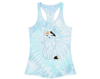 Camiseta sin mangas con espalda cruzada y estampado tie-dye de gato calico / Camiseta sin mangas azul claro con estampado de gato