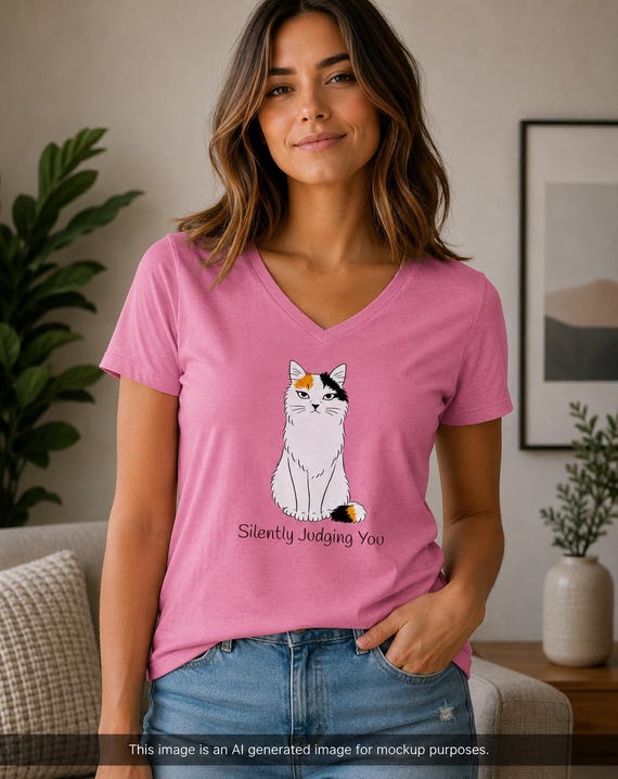 Silently Judging You Cat V-neck T-shirt, Sarcastic Cat Tee, Cat Lover Tee, Funny Cat Tee