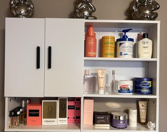 Wooden Bathroom Medicine Cabinet with Doors, Adjustable Shelves & Towel Bar