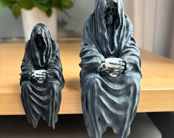 Seated Ghost With Tea Cup – 3D Printed Black Resin Gothic Figurine