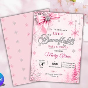 May include: A pink baby shower invitation card featuring a large pink bow, silver snowflake graphics, and text that reads: Please join us for a little snowflake baby shower honoring Merry Alison, Saturday December 14th 2026 at 3:00.