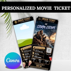 Pode incluir: Dois bilhetes de cinema retangulares com cabeçalhos pretos e texto dourado escrito MOVIE TICKET. Um bilhete apresenta um gráfico de céu azul e colina verde, enquanto o outro mostra uma cena de tempestade com o título THE STORM ESCAPE e um código QR.