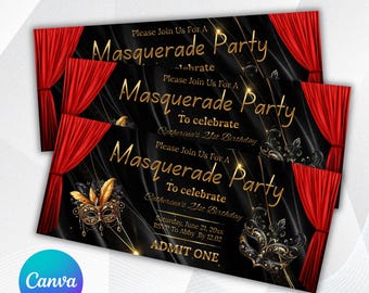 Masquerade Birthday Party Ticket Template, Editable Prom Invite, Black Gold Mask Party Canva Download