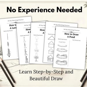 May include: A set of five white instructional sketching practice sheets with black text and line drawings. The pages feature titles like How to Draw A Pond, with step-by-step guides for drawing lavender, figures, trees, houses, and ponds.