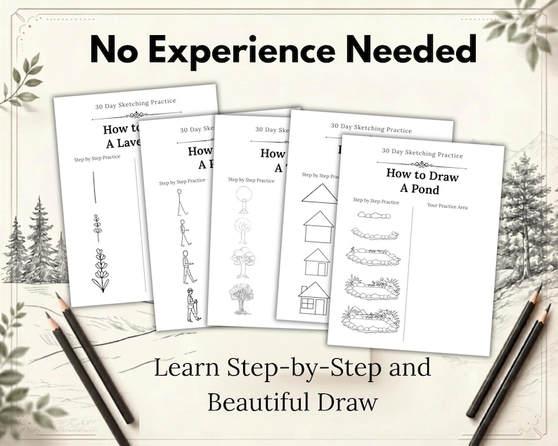 May include: A set of five white instructional sketching practice sheets with black text and line drawings. The pages feature titles like How to Draw A Pond, with step-by-step guides for drawing lavender, figures, trees, houses, and ponds.