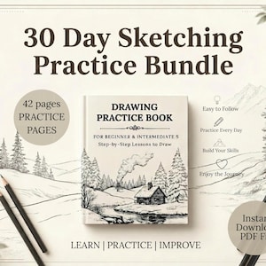 Może przedstawiać: Książka do ćwiczeń rysunkowych "30 Day Sketching Practice Bundle" z 42 stronami lekcji krok po kroku. Okładka przedstawia chatę w zaśnieżonym krajobrazie. Tekst zawiera "30 Day Sketching Practice Bundle" oraz "Learn | Practice | Improve."