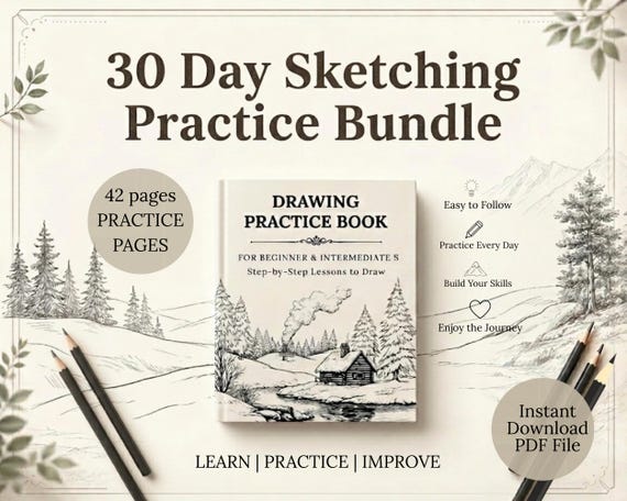 30 Day Sketching Practice Bundle Drawing Book Learn to Draw Guide Beginner Drawing Worksheets Sketching Exercises Art Workbook