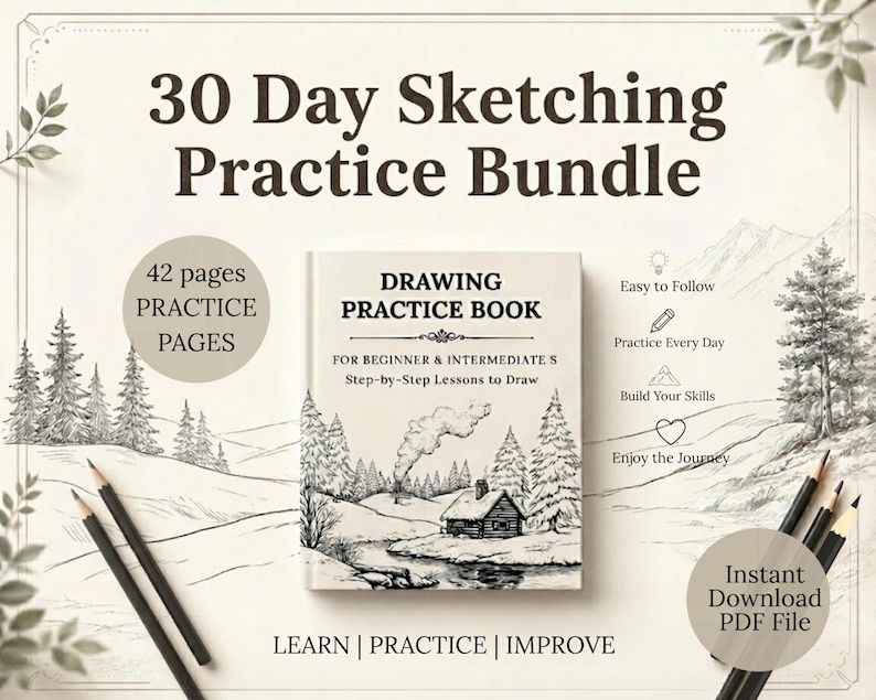 May include: A 30 Day Sketching Practice Bundle drawing practice book with 42 pages of step-by-step lessons. The cover features a cabin in a snowy landscape. Text includes "30 Day Sketching Practice Bundle," "Drawing Practice Book," and "Learn | Practice | Improve."