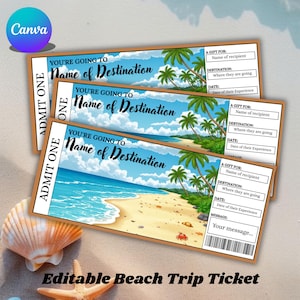 Puede incluir: Tres boletos de viaje a la playa con una escena de playa tropical, palmeras y cielo azul. Los boletos tienen campos para el destinatario, el destino y la fecha. El texto dice "You're going to Name of Destination". El texto "Editable Beach Trip Ticket" está en la parte inferior.