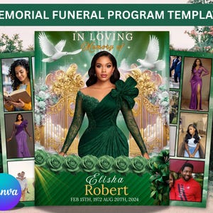 May include: A funeral program template with a green and gold design. The central image features a woman in a green dress. The text reads "IN LOVING Memory of Elisha Robert FEB 15TH, 1972 AUG 20TH, 2024". Additional photos are included.