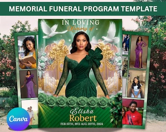 May include: A memorial funeral program template with a green and gold design. The central image features a woman in a green dress. The text reads "IN LOVING Memory of Elisha Robert FEB 15TH, 1972 AUG 20TH, 2024". Additional photos are included.