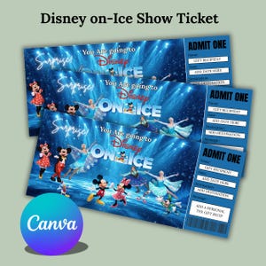 Puede incluir: Tres entradas para el espectáculo Disney on Ice. Las entradas tienen un fondo azul con personajes de Disney y las palabras "You are going to Disney on Ice". Las entradas también dicen "Admit One".