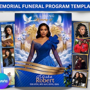 May include: A blue memorial funeral program template with the text "MEMORIAL FUNERAL PROGRAM TEMPLATE" at the top. The design includes a central image of a woman in a blue dress, doves, and the text "IN LOVING Memory of". Additional photos are on the sides.
