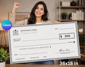 May include: A large white novelty check measuring 36 by 18 inches with a black Greek key border. It features the text Abundance Bank, a bank icon, a dollar amount box labeled $ 200, lines for date, payee, and signature, and the phrase I am grateful to receive all that I desire and more.