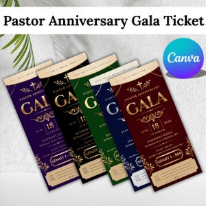 May include: Five rectangular Pastor Anniversary Gala tickets in purple, black, green, blue, and maroon. Each ticket features gold text, a cross icon, floral flourishes, and fields for name, email, and phone. Text includes June 18, 2023, at 6:00 PM.