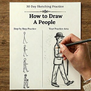May include: A white instructional sheet titled 30 Day Sketching Practice How to Draw A People. The left side shows four step-by-step stick figure drawings. The right side, labeled Your Practice Area, features a detailed sketch of a person in a hat.