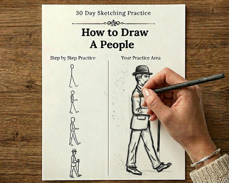 May include: A white instructional sheet titled 30 Day Sketching Practice How to Draw A People. The left side shows four step-by-step stick figure drawings. The right side, labeled Your Practice Area, features a detailed sketch of a person in a hat.