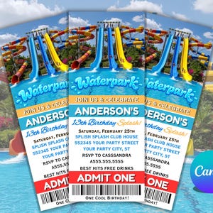 Puede incluir: Una invitación de cumpleaños con temática de parque acuático, con un tobogán azul y amarillo, el texto Waterpark, Join Us & Celebrate, Anderson's 13th Birthday Splash, Saturday, February 25th, Splish Splash Club House y Admit One.
