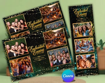 May include: Prom photo booth props with the text "Enchanted Evening PROM 2026". The props feature multiple photos of groups of people. The background is dark green with gold accents and string lights.