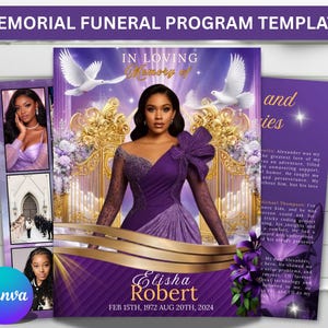 May include: A memorial funeral program template in purple and gold. The design features a woman in a purple dress, doves, and ornate gates. The text reads "In Loving Memory of Elisha Robert, Feb 15th, 1972 Aug 20th, 2024."