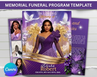 May include: A memorial funeral program template in purple and gold. The design features a woman in a purple dress, doves, and ornate gates. The text reads "In Loving Memory of Elisha Robert, Feb 15th, 1972 Aug 20th, 2024."