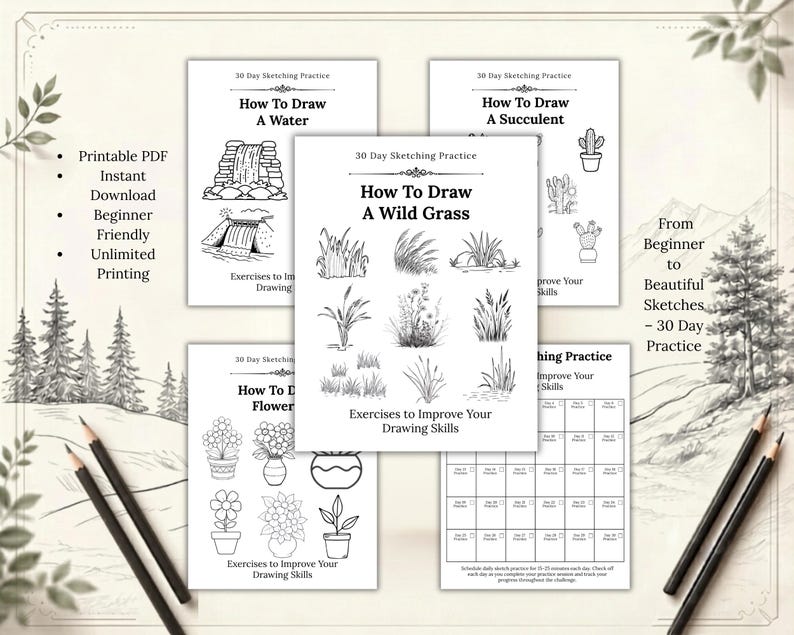 May include: A collection of printable 30-day sketching practice sheets featuring black and white line art illustrations. The pages include titles such as How To Draw A Water, How To Draw A Succulent, How To Draw A Wild Grass, and How To Draw Flowers.